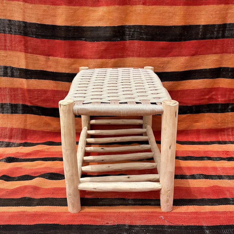 Handcrafted Wooden Entryway Bench with Woven White Cord Seat & Shoe Storage AZRIVA