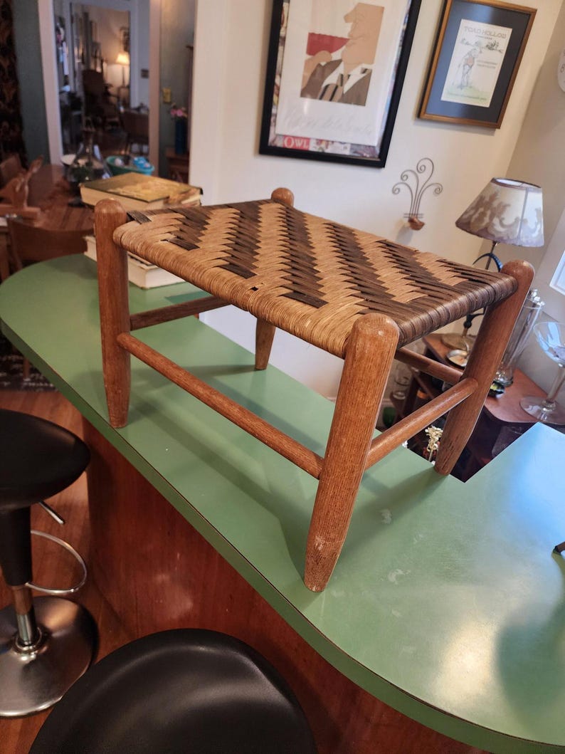 Vintage Mid-Century Wooden Footstool with Two-Tone Handwoven Leather Seat AZRIVA