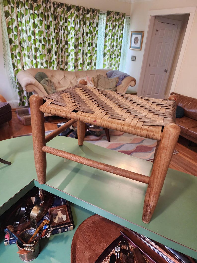 Vintage Mid-Century Wooden Footstool with Two-Tone Handwoven Leather Seat AZRIVA