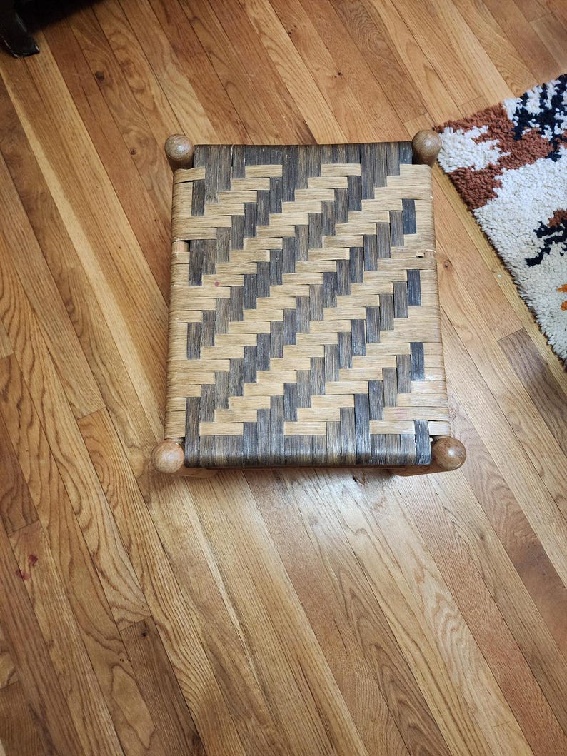 Vintage Mid-Century Wooden Footstool with Two-Tone Handwoven Leather Seat AZRIVA