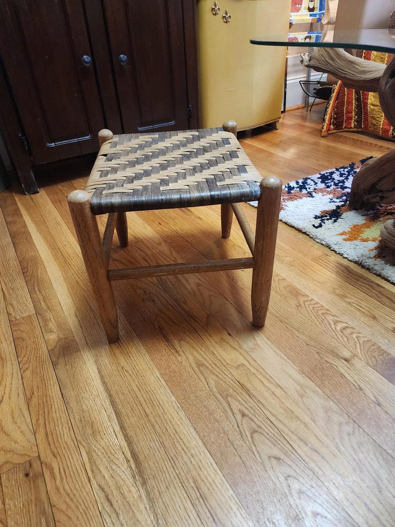 Vintage Mid-Century Wooden Footstool with Two-Tone Handwoven Leather Seat AZRIVA