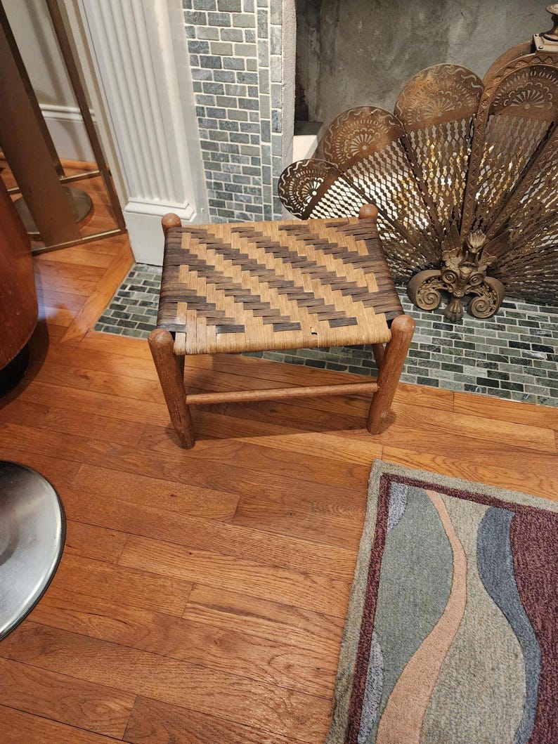 Vintage Mid-Century Wooden Footstool with Two-Tone Handwoven Leather Seat AZRIVA