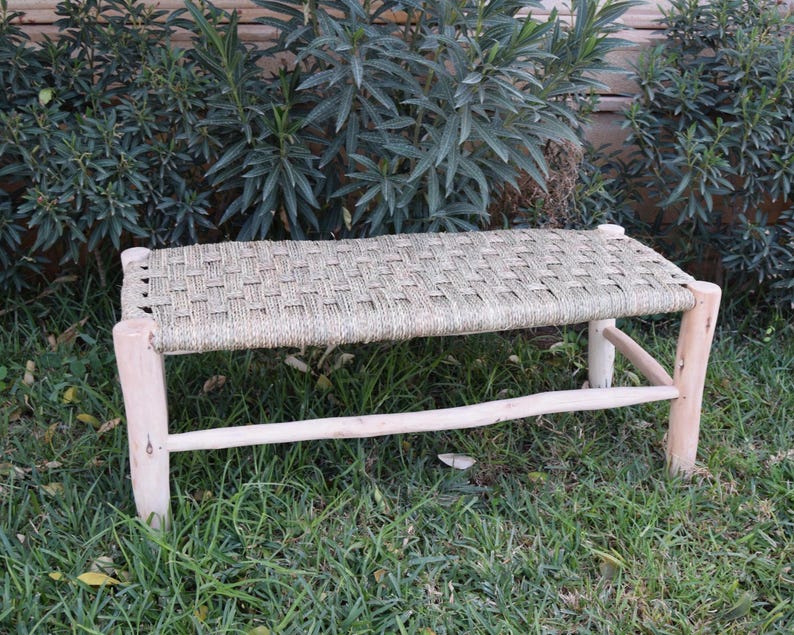 Handcrafted Eucalyptus Wood Bench Lounge with Natural Palm Leaf Weave AZRIVA