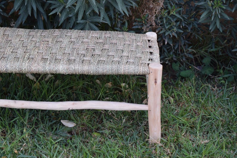 Handcrafted Eucalyptus Wood Bench Lounge with Natural Palm Leaf Weave AZRIVA