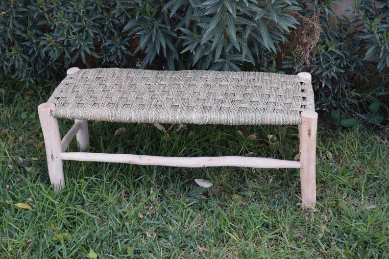 Handcrafted Eucalyptus Wood Bench Lounge with Natural Palm Leaf Weave AZRIVA
