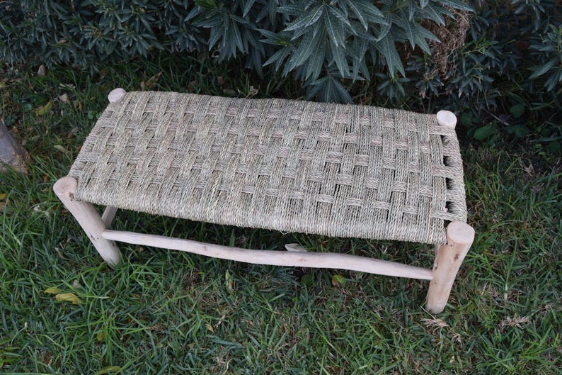 Handcrafted Eucalyptus Wood Bench Lounge with Natural Palm Leaf Weave AZRIVA