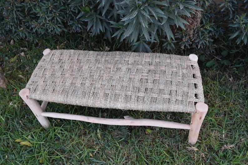 Handcrafted Eucalyptus Wood Bench Lounge with Natural Palm Leaf Weave AZRIVA