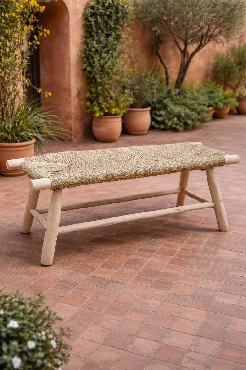 Handcrafted Eucalyptus Wood Bench with Woven Natural Palm Leaf Seat AZRIVA