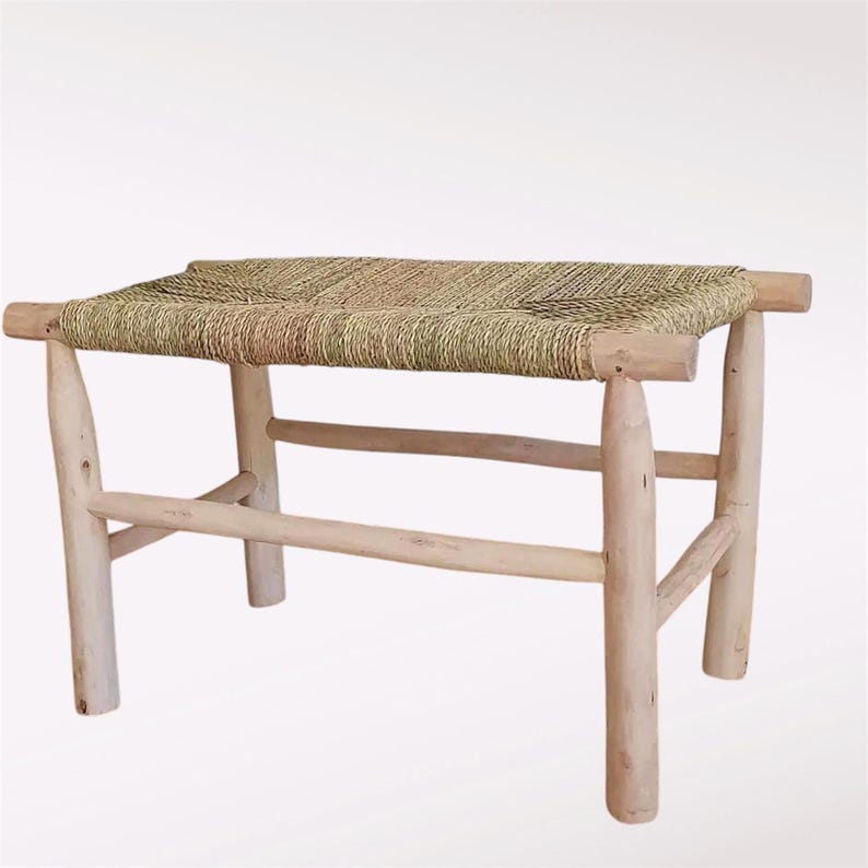 Handcrafted Eucalyptus Wood Bench with Woven Natural Palm Leaf Seat AZRIVA