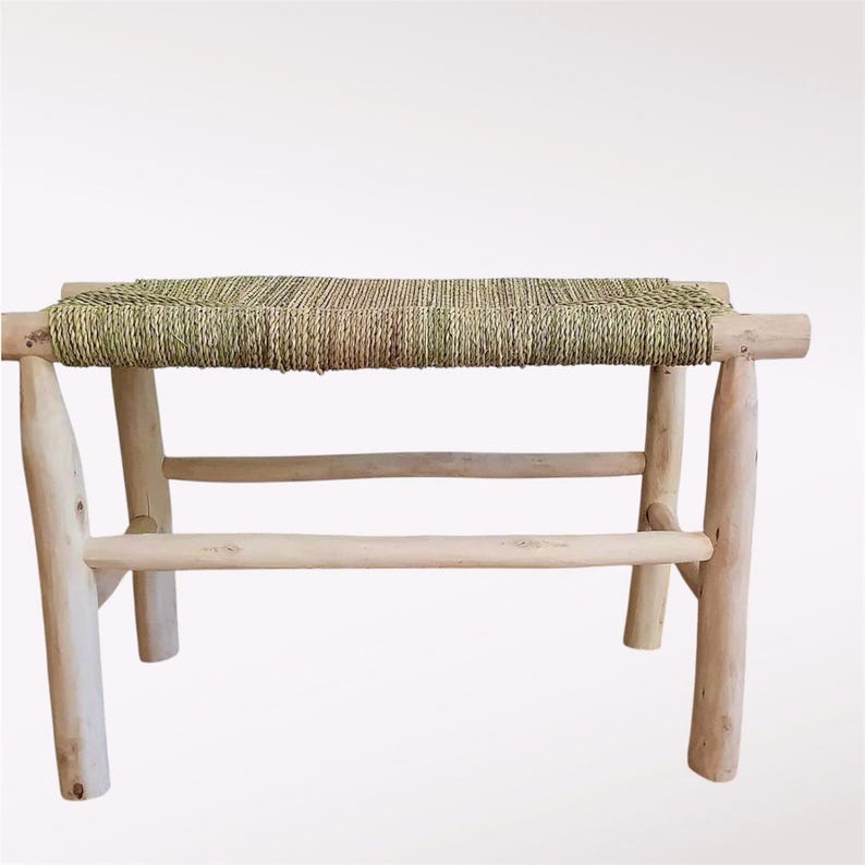 Handcrafted Eucalyptus Wood Bench with Woven Natural Palm Leaf Seat AZRIVA