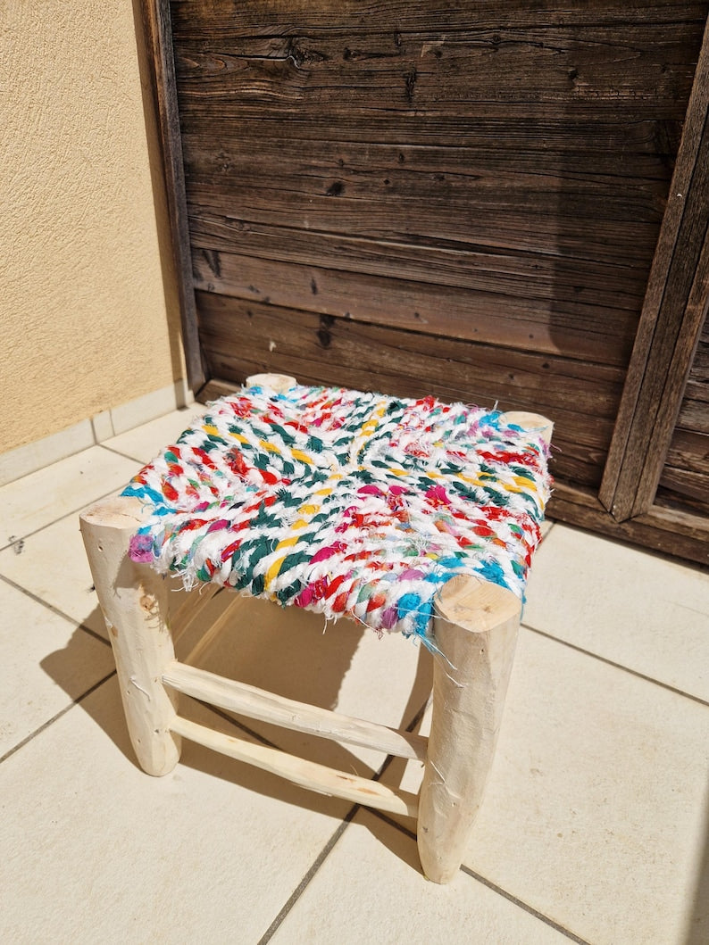 Handcrafted Moroccan Wooden Stool with Colorful Boucherouite Fabric Seat AZRIVA