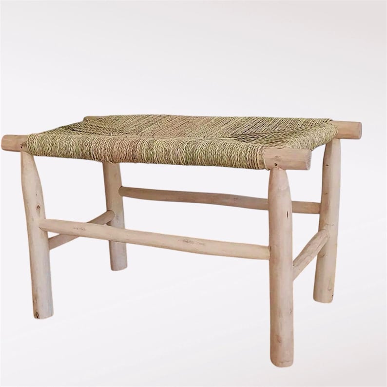 Handcrafted Moroccan Palm Leaf Wooden Bench AZRIVA