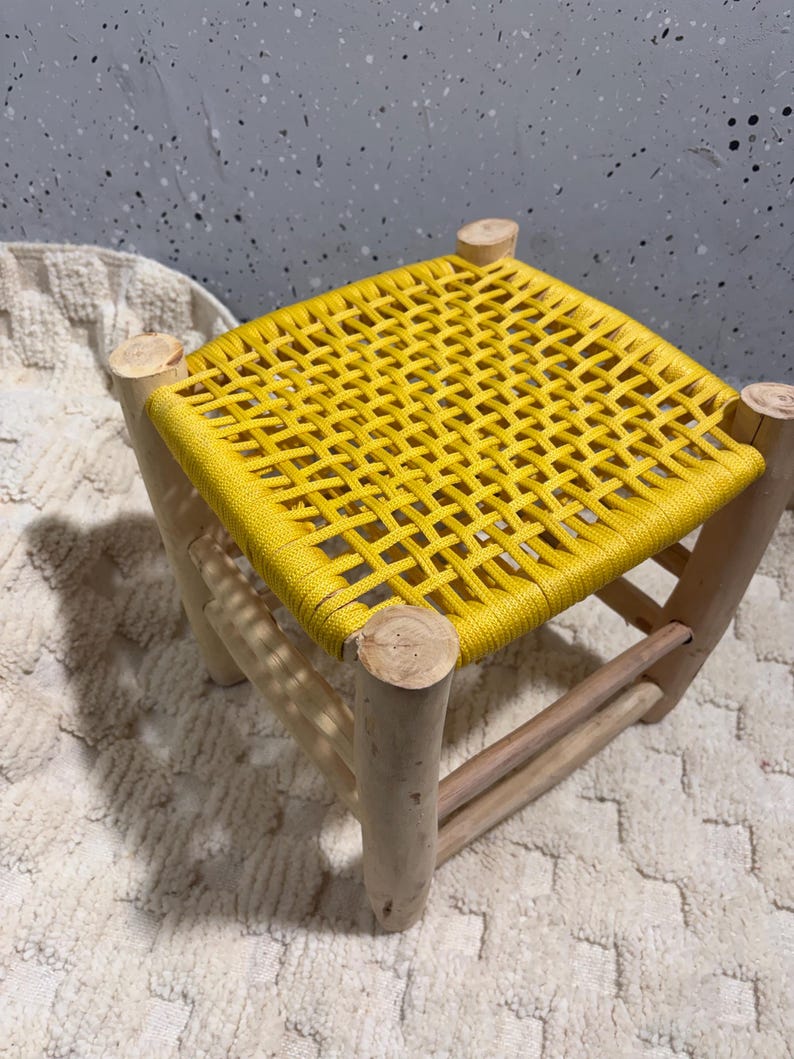 Handcrafted Authentic Moroccan Beldi Stool with Saffron Yellow Woven Seat AZRIVA