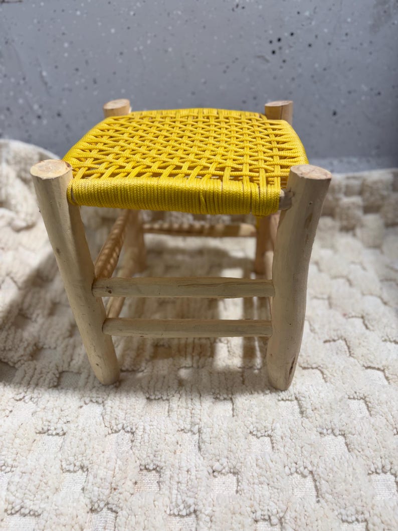 Handcrafted Authentic Moroccan Beldi Stool with Saffron Yellow Woven Seat AZRIVA