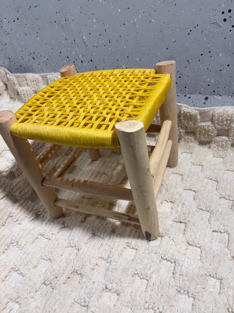 Handcrafted Authentic Moroccan Beldi Stool with Saffron Yellow Woven Seat AZRIVA