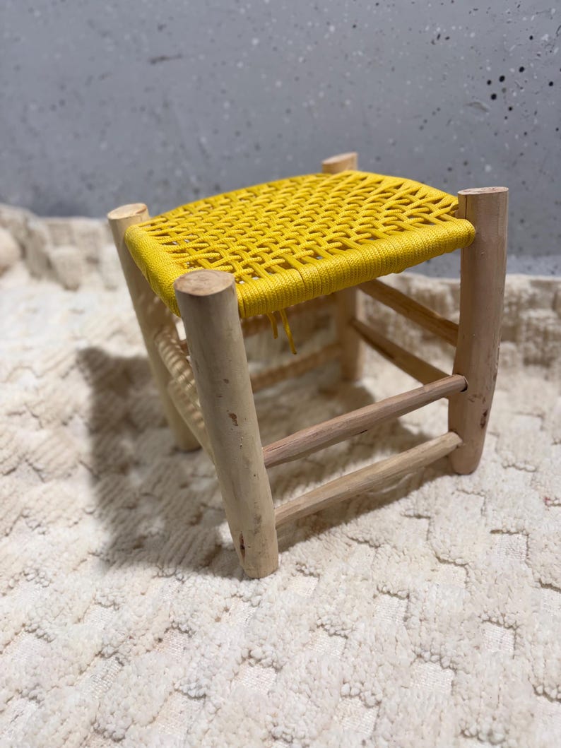 Handcrafted Authentic Moroccan Beldi Stool with Saffron Yellow Woven Seat AZRIVA
