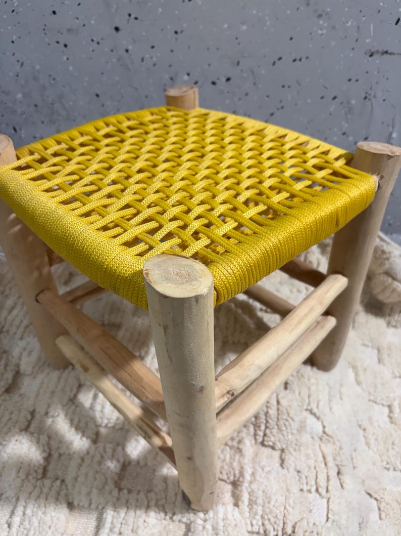 Handcrafted Authentic Moroccan Beldi Stool with Saffron Yellow Woven Seat AZRIVA