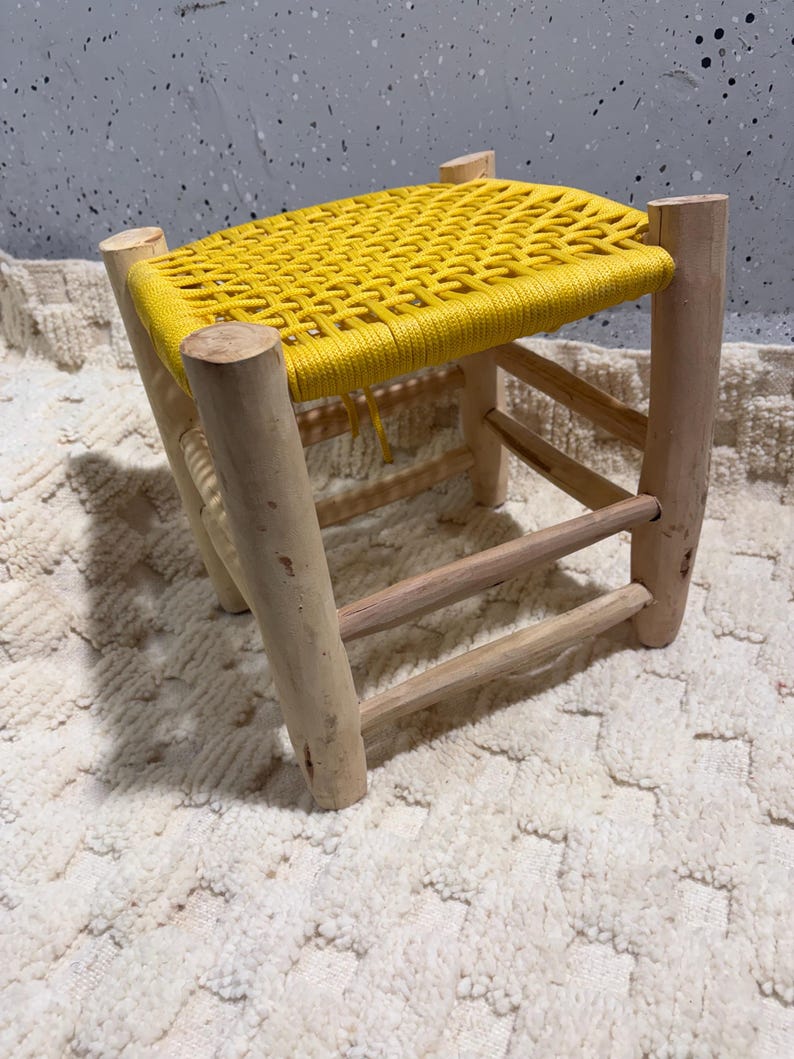 Handcrafted Authentic Moroccan Beldi Stool with Saffron Yellow Woven Seat AZRIVA