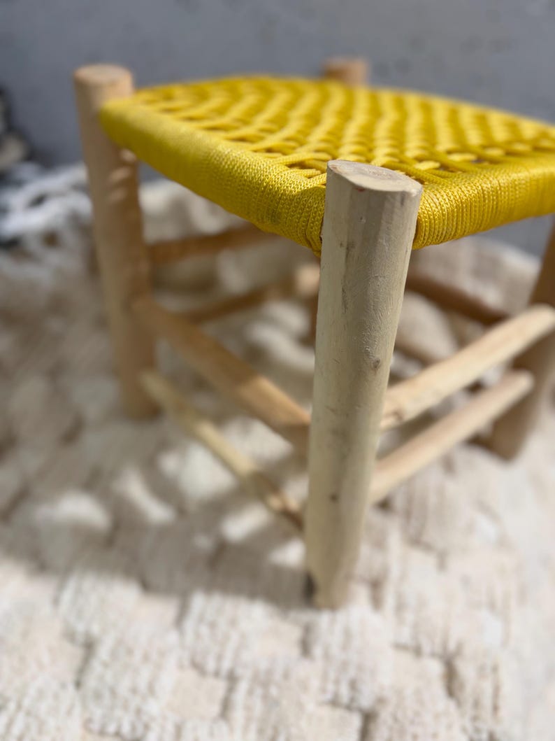 Handcrafted Authentic Moroccan Beldi Stool with Saffron Yellow Woven Seat AZRIVA