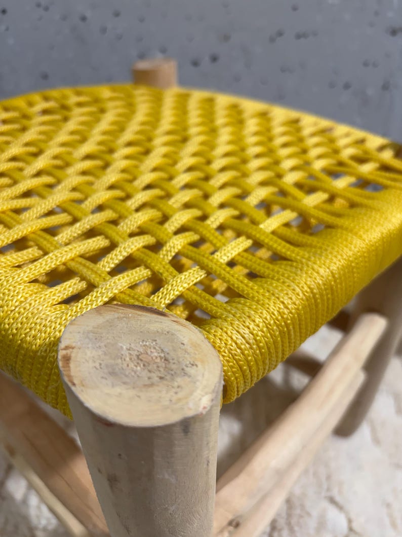 Handcrafted Authentic Moroccan Beldi Stool with Saffron Yellow Woven Seat AZRIVA