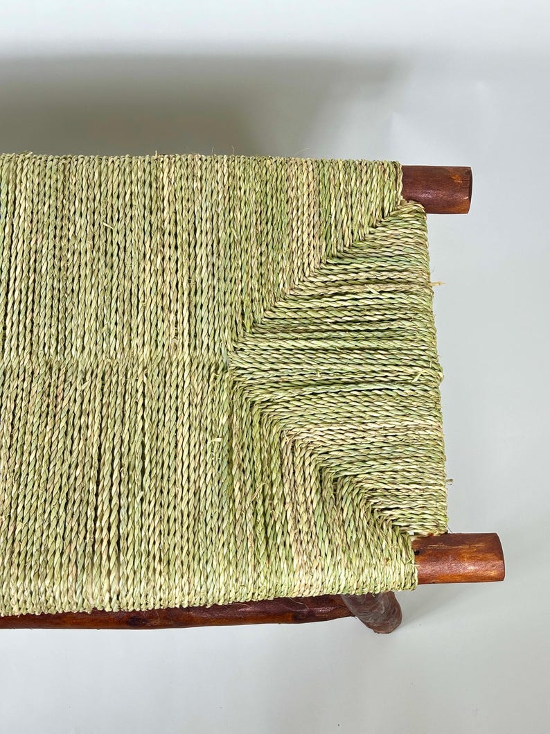 Handcrafted Dark Wood Moroccan Bench with Woven Palm Seat AZRIVA