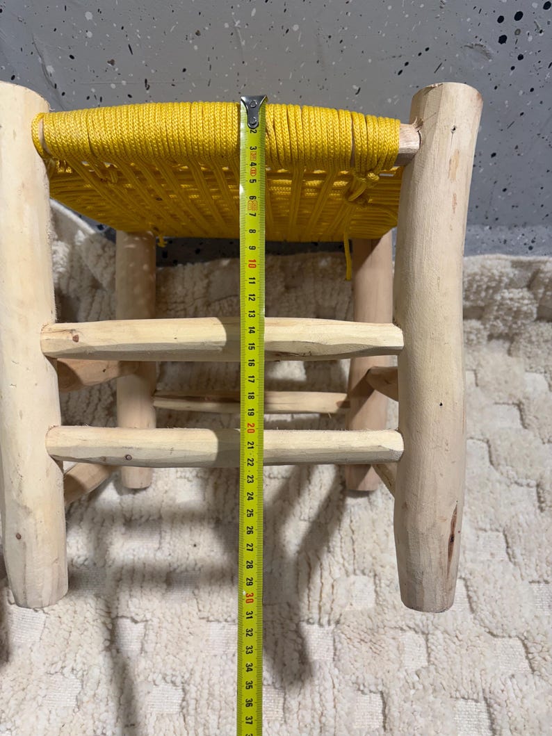 Handcrafted Authentic Moroccan Beldi Stool with Saffron Yellow Woven Seat AZRIVA