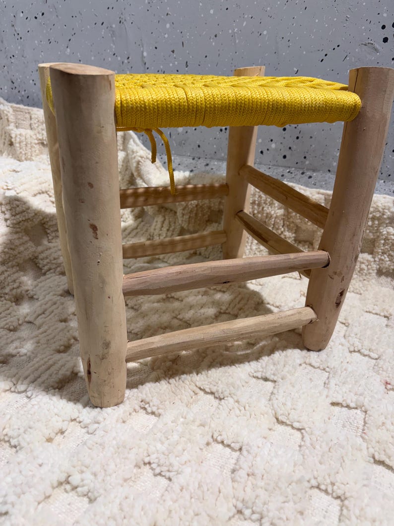 Handcrafted Authentic Moroccan Beldi Stool with Saffron Yellow Woven Seat AZRIVA