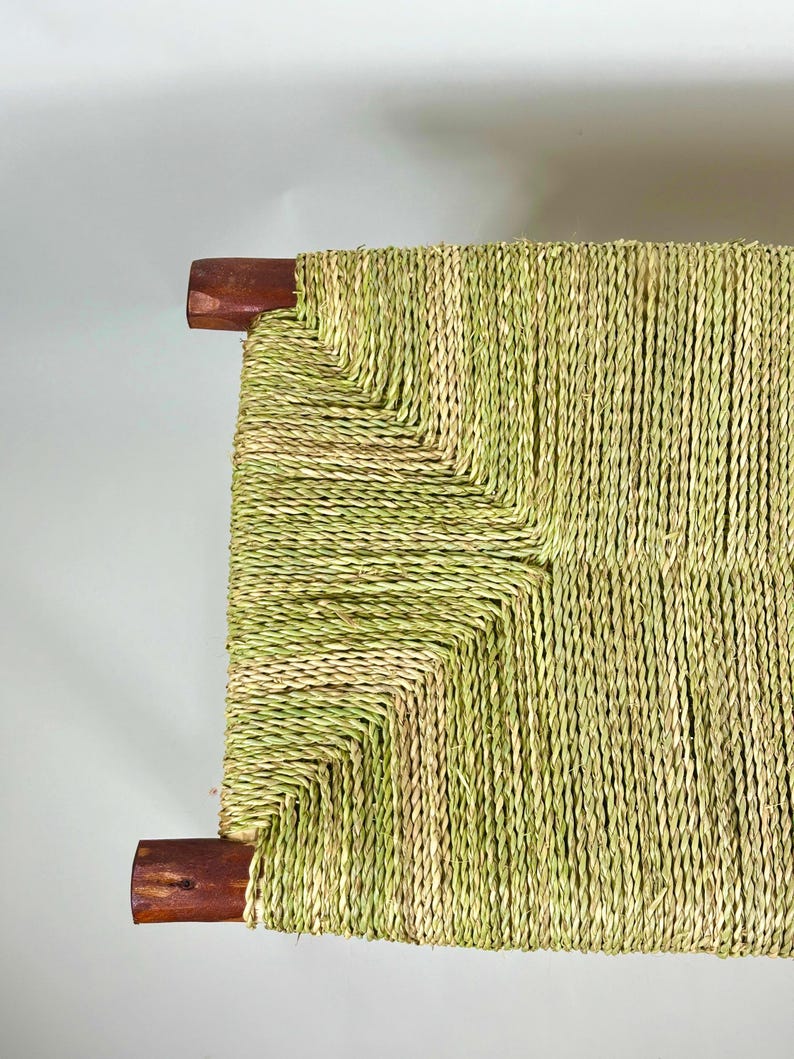 Handcrafted Dark Wood Moroccan Bench with Woven Palm Seat AZRIVA