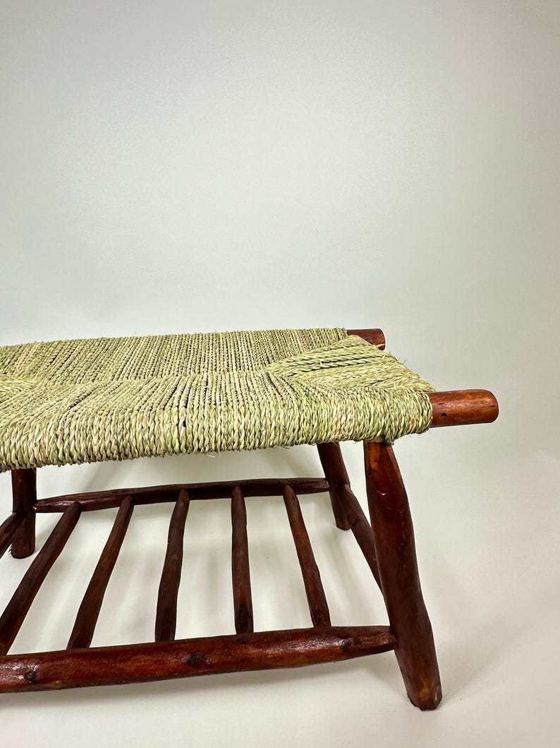 Handcrafted Dark Wood Moroccan Bench with Woven Palm Seat AZRIVA