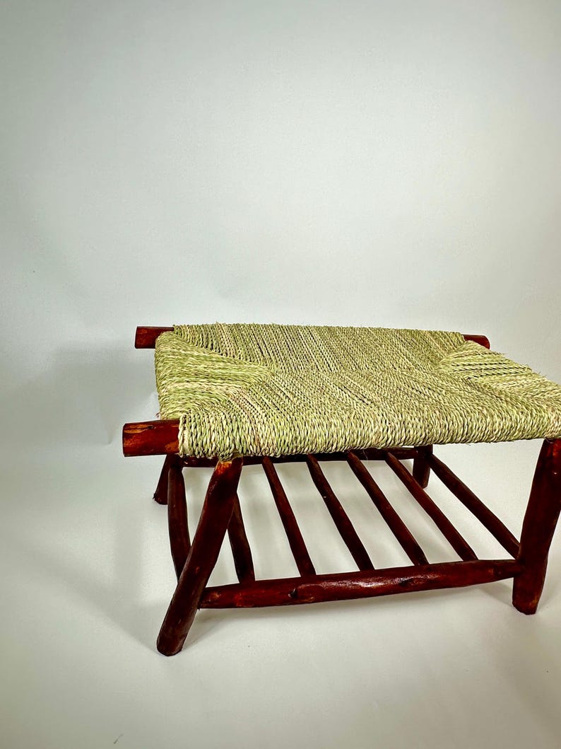 Handcrafted Dark Wood Moroccan Bench with Woven Palm Seat AZRIVA