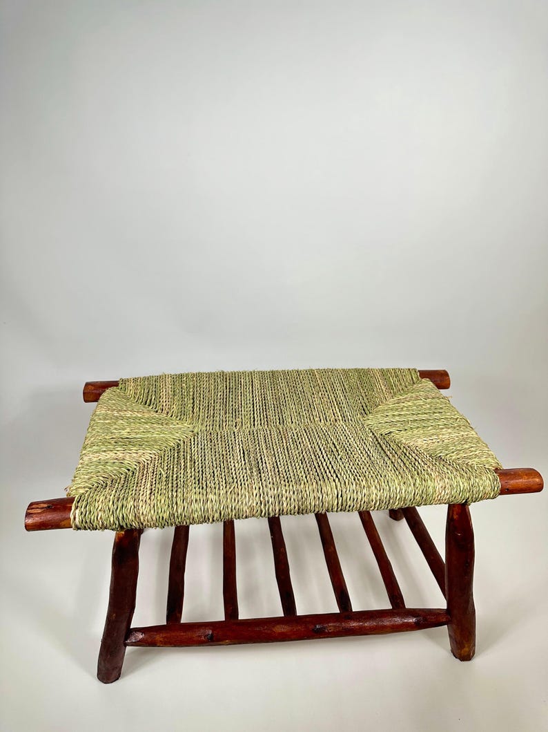 Handcrafted Dark Wood Moroccan Bench with Woven Palm Seat AZRIVA