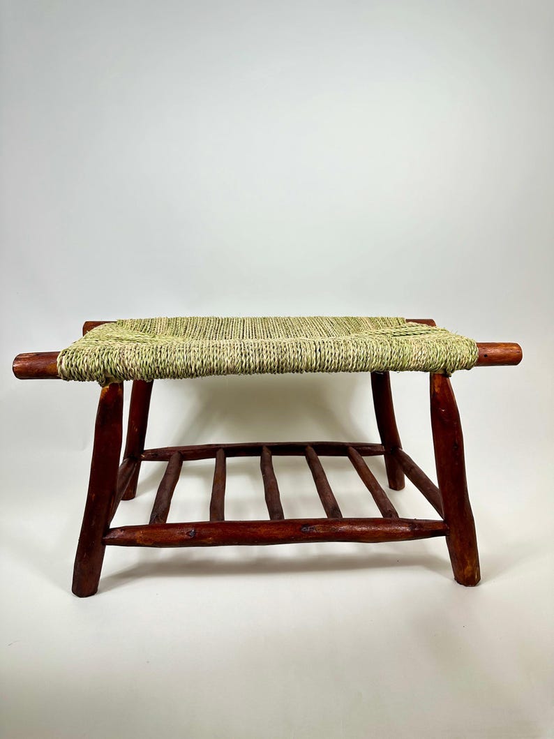 Handcrafted Dark Wood Moroccan Bench with Woven Palm Seat AZRIVA