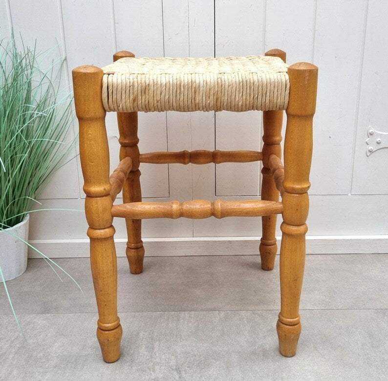 Handcrafted Vintage Wooden Stool with Woven Rush Seat AZRIVA