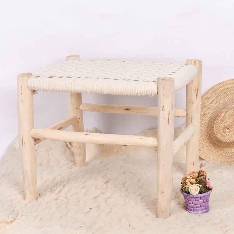 Handcrafted Moroccan Wooden Bench with Woven White Cord AZRIVA