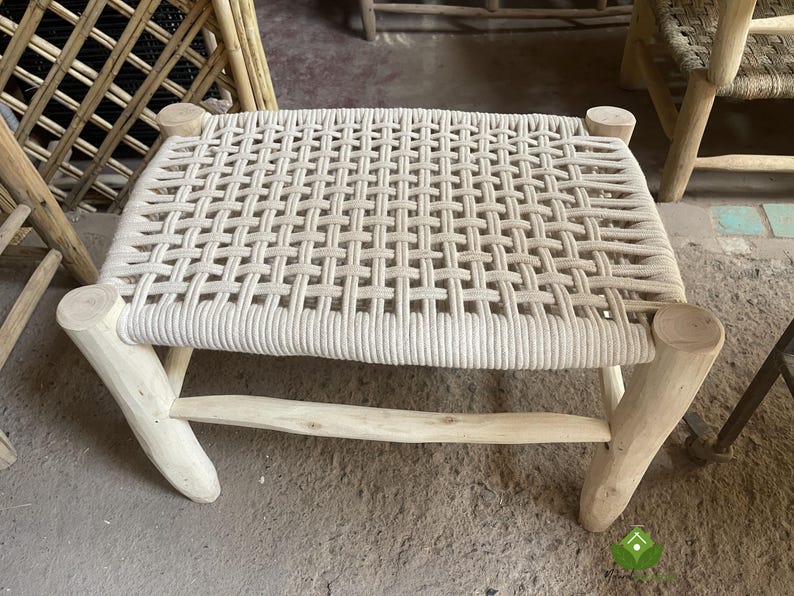 Handcrafted Moroccan Wooden Bench with Woven White Cord AZRIVA