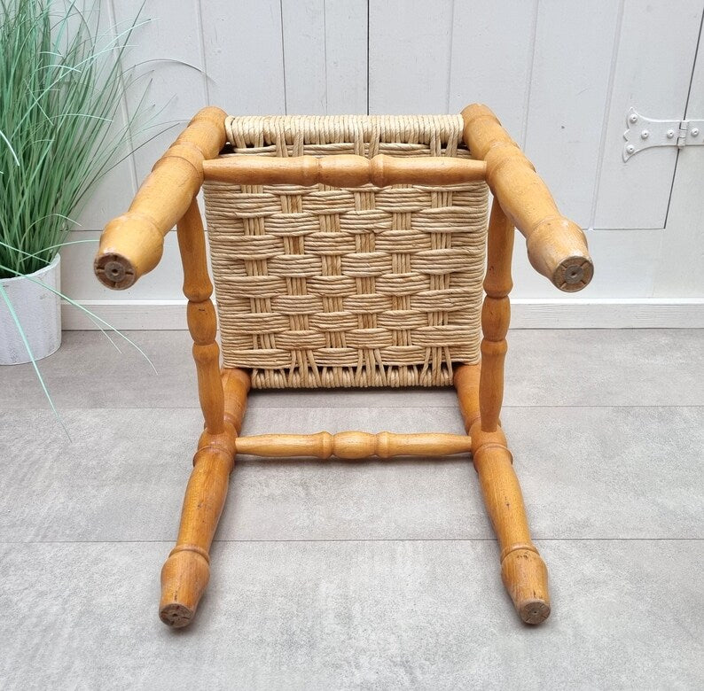 Handcrafted Vintage Wooden Stool with Woven Rush Seat AZRIVA