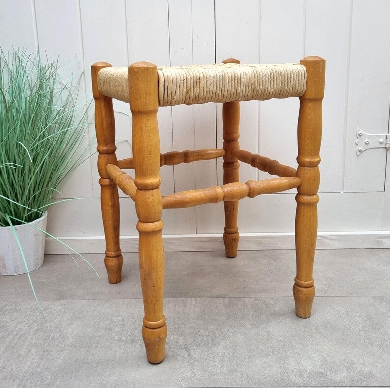 Handcrafted Vintage Wooden Stool with Woven Rush Seat AZRIVA
