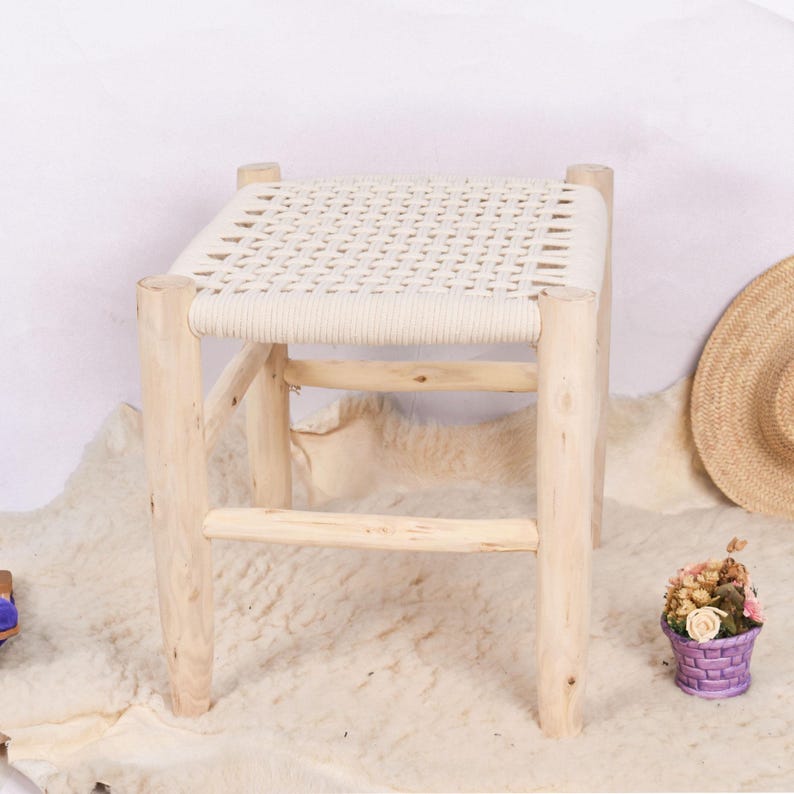 Handcrafted Moroccan Wooden Bench with Woven White Cord AZRIVA