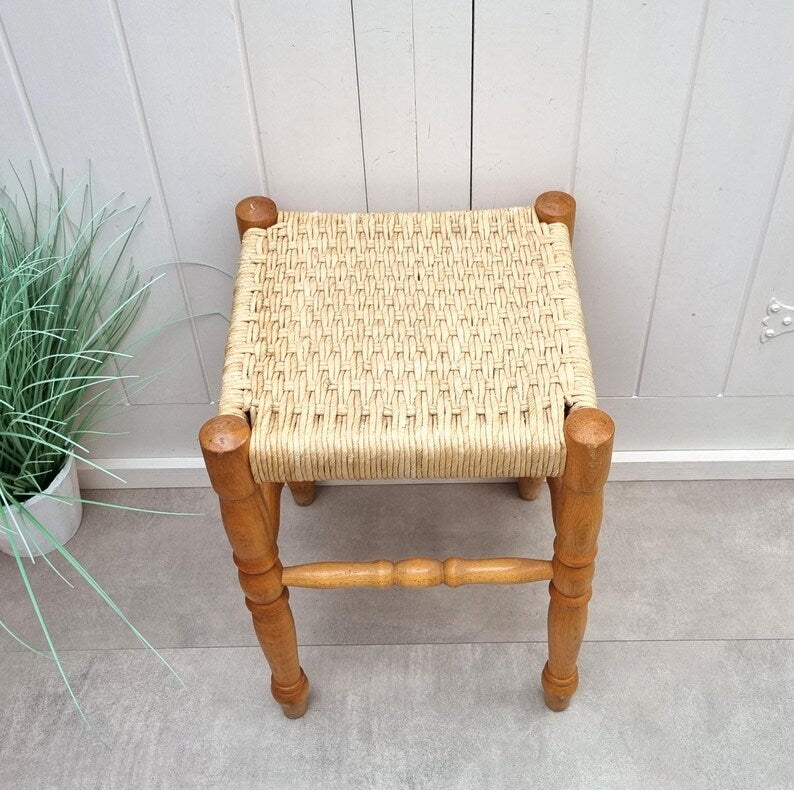 Handcrafted Vintage Wooden Stool with Woven Rush Seat AZRIVA