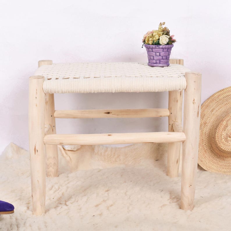 Handcrafted Moroccan Wooden Bench with Woven White Cord AZRIVA