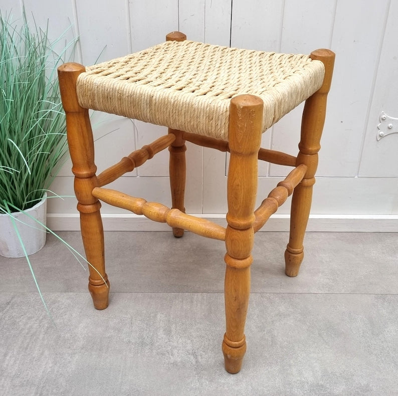 Handcrafted Vintage Wooden Stool with Woven Rush Seat AZRIVA