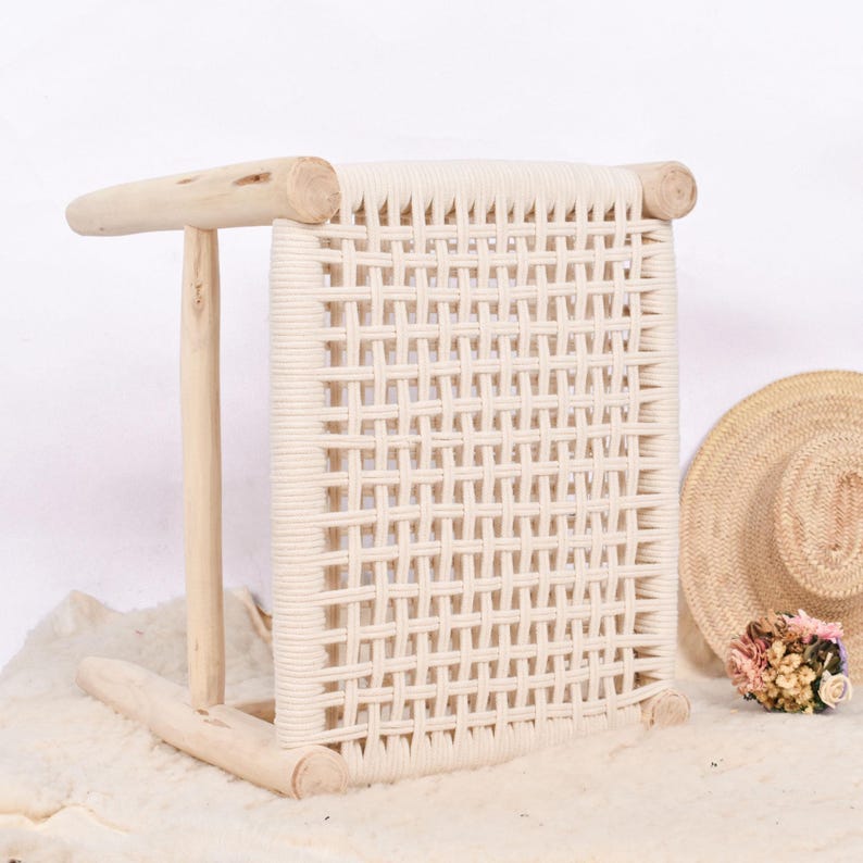 Handcrafted Moroccan Wooden Bench with Woven White Cord AZRIVA