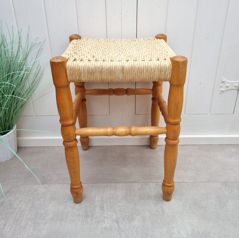 Handcrafted Vintage Wooden Stool with Woven Rush Seat AZRIVA