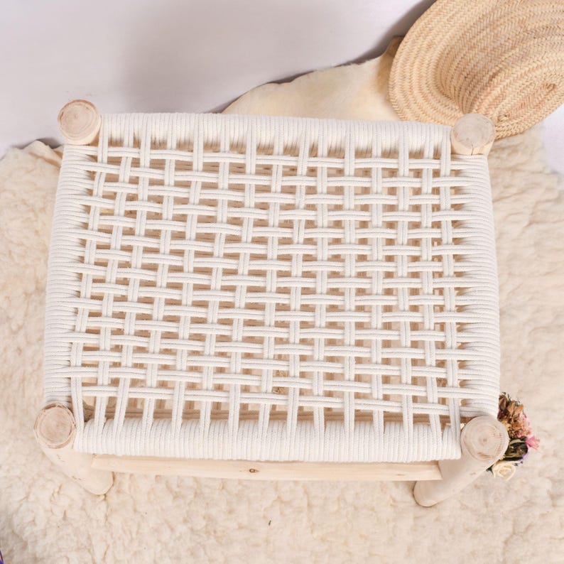 Handcrafted Moroccan Wooden Bench with Woven White Cord AZRIVA