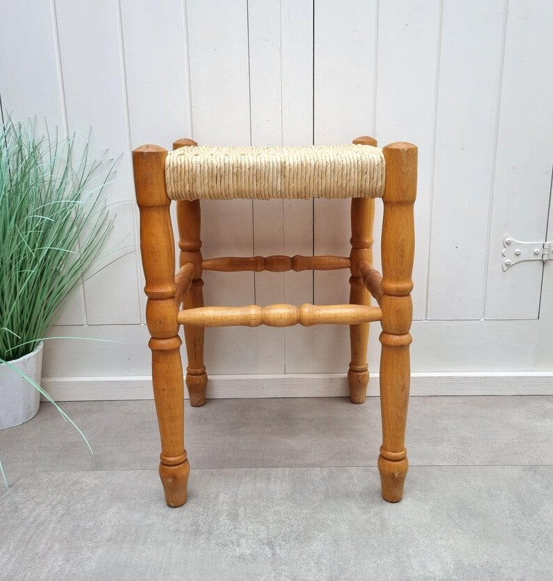 Handcrafted Vintage Wooden Stool with Woven Rush Seat AZRIVA
