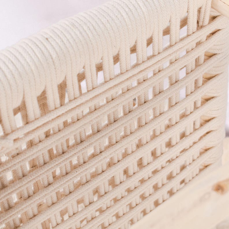 Handcrafted Moroccan Wooden Bench with Woven White Cord AZRIVA