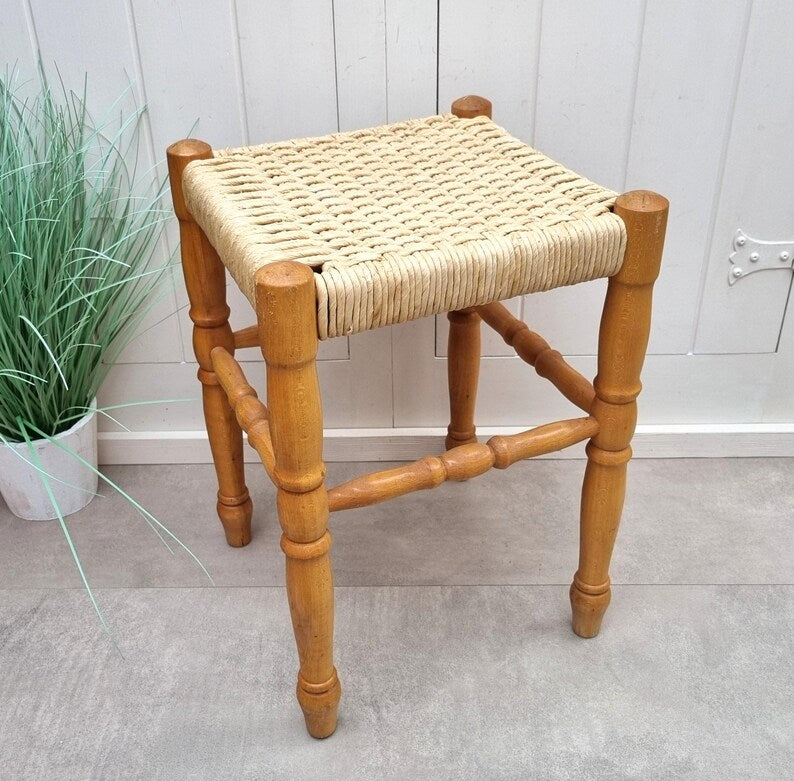 Handcrafted Vintage Wooden Stool with Woven Rush Seat AZRIVA