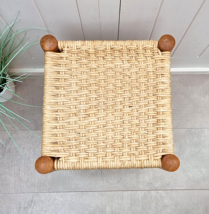 Handcrafted Vintage Wooden Stool with Woven Rush Seat AZRIVA