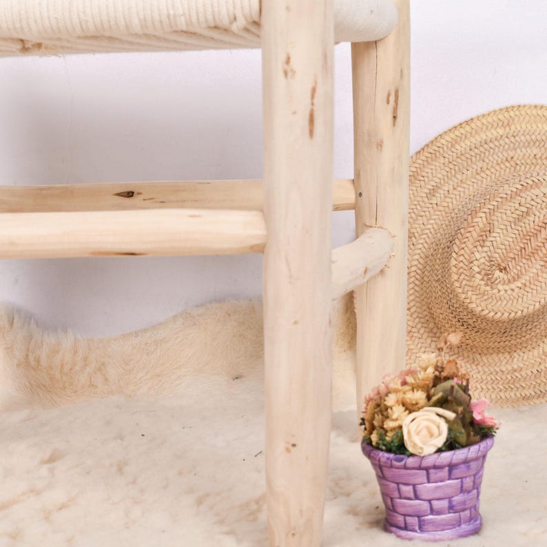 Handcrafted Moroccan Wooden Bench with Woven White Cord AZRIVA