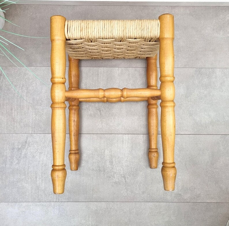 Handcrafted Vintage Wooden Stool with Woven Rush Seat AZRIVA